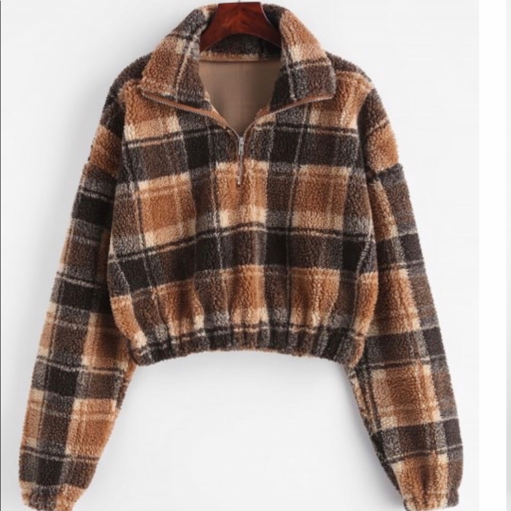 Plaid crop faux fur sweatshirt